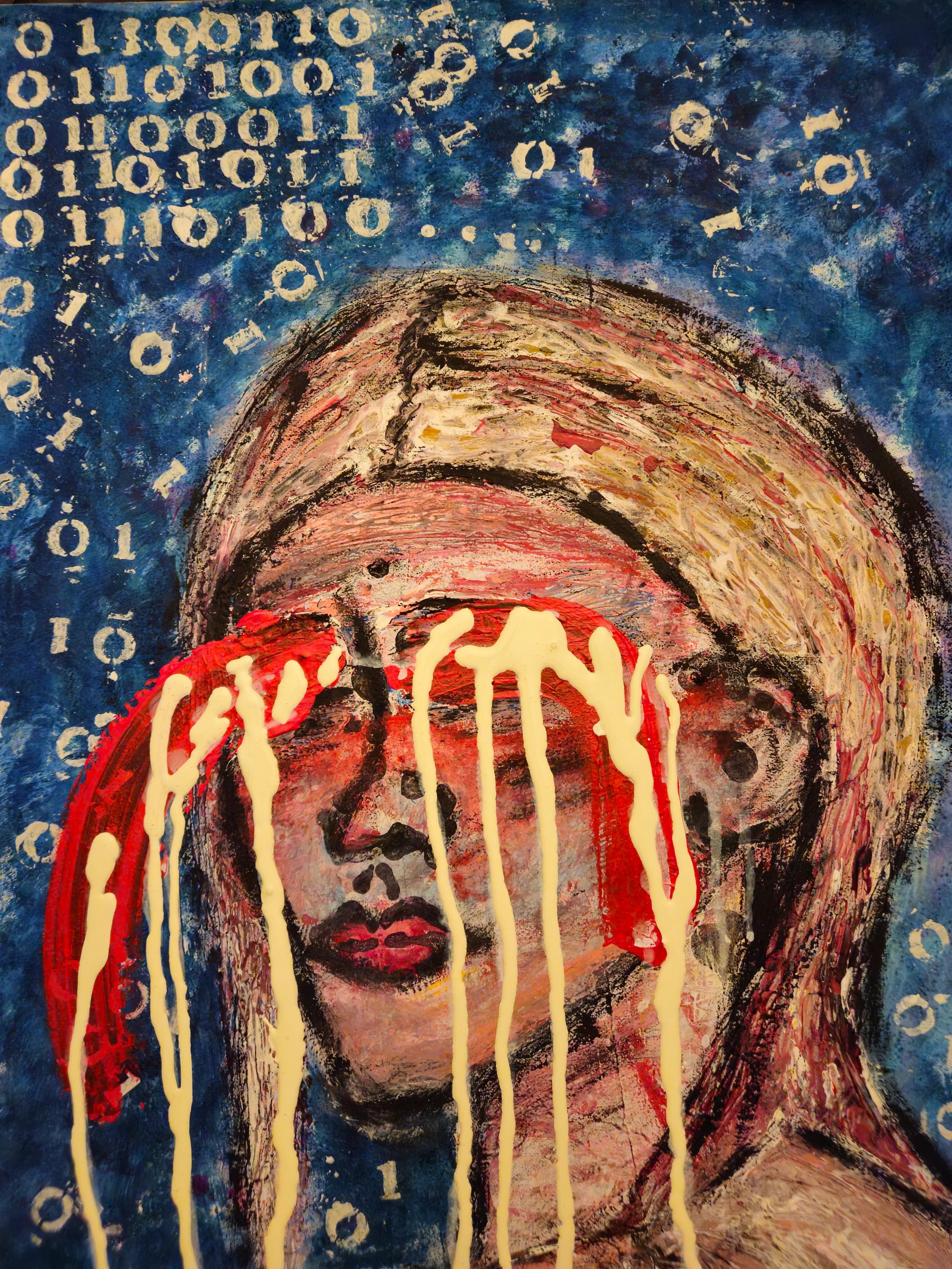 Painted portrait against a deep blue field with pale numerals and yellow paint running over the face.