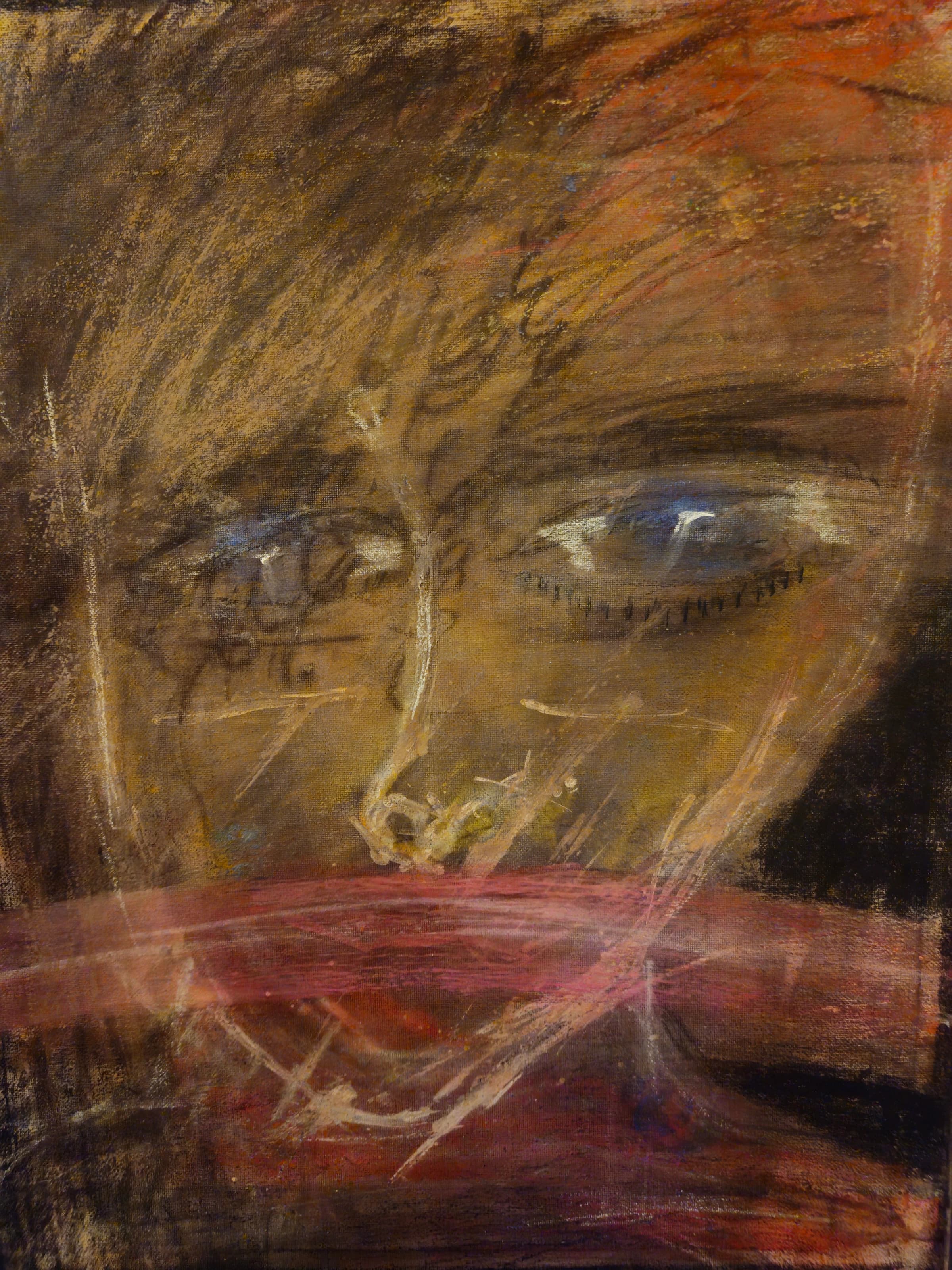 Painted face in layered brown, ochre and red tones with blue-grey eyes and broad dark red lips.