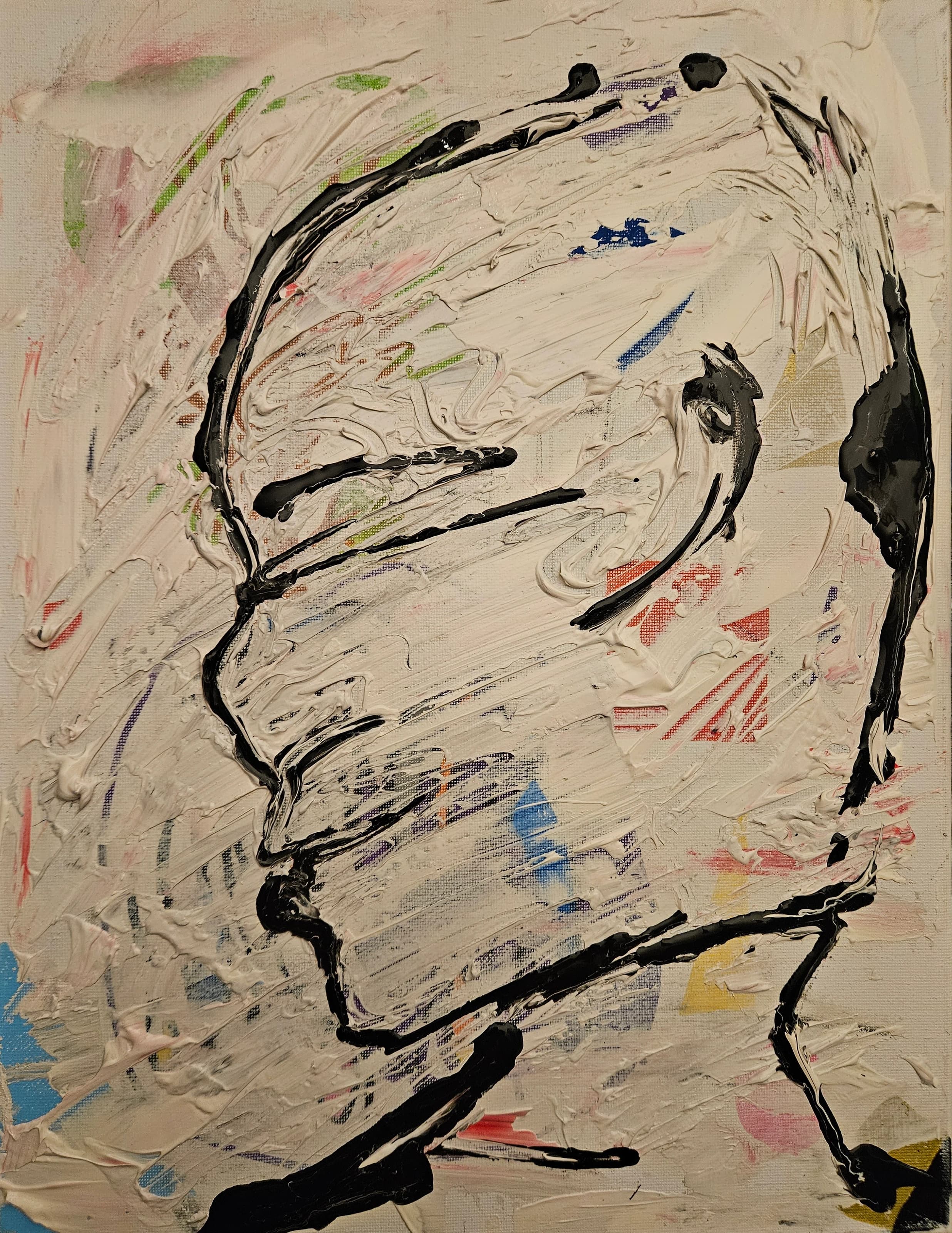 Side-profile painted head in thick off-white paint with black contours and small blue, green and red marks.