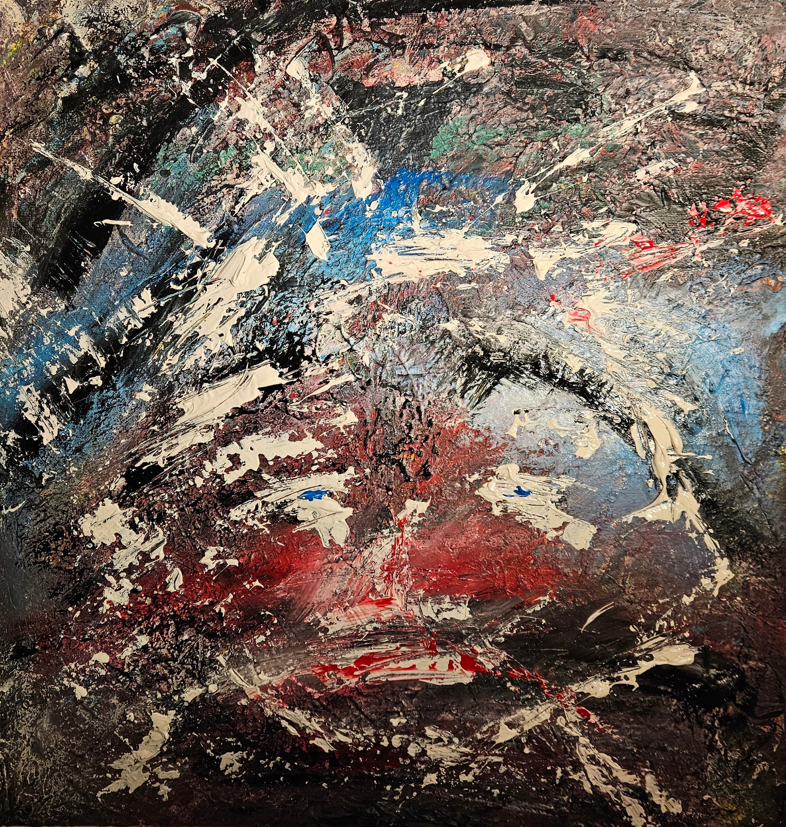 Dense abstract painted surface with layered black, blue, red, grey and cream strokes and splashes.