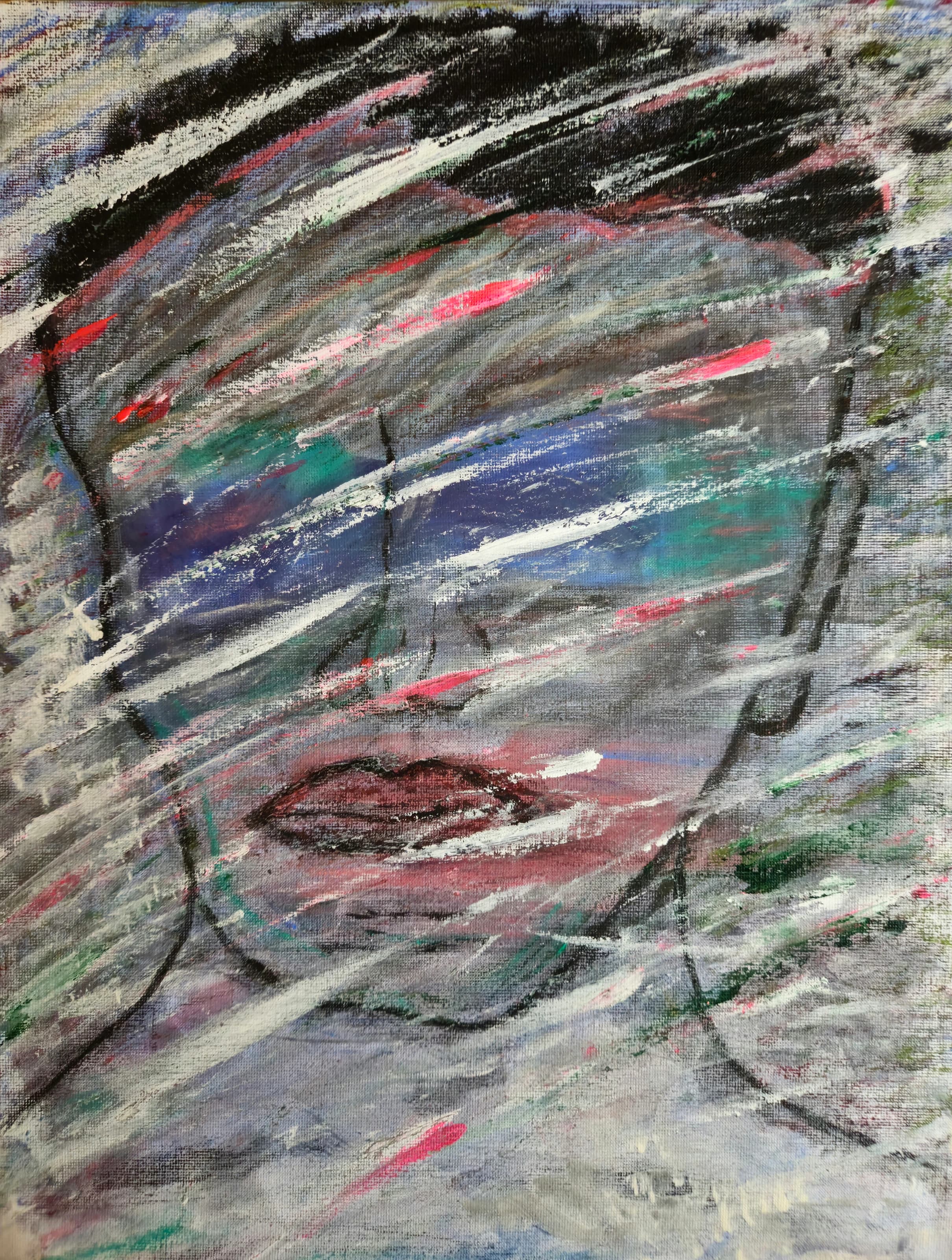 Painted face in grey, blue, green and pink, with broad horizontal brushstrokes obscuring the eyes and upper face.