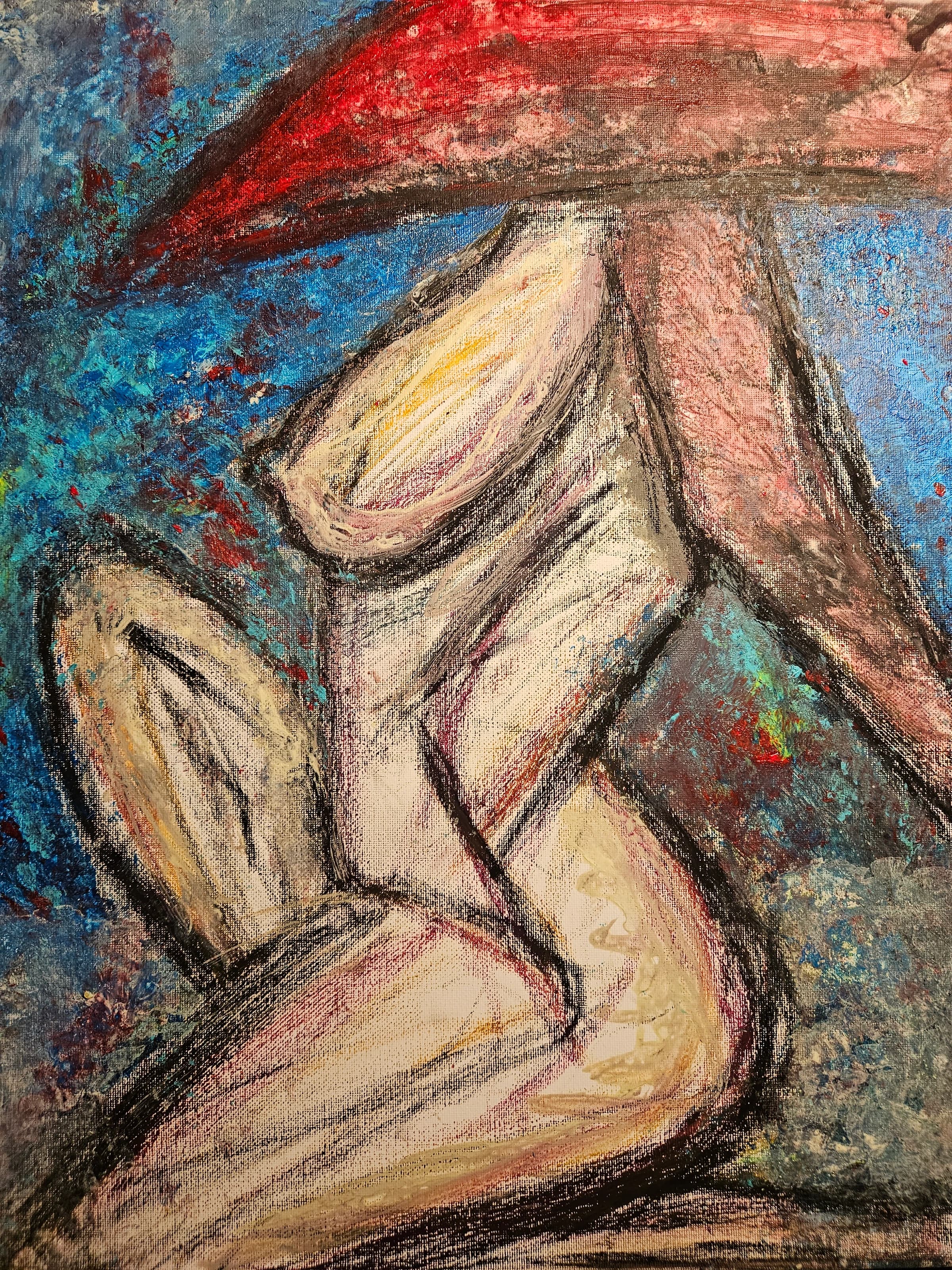 Painted composition of pale angular body-like forms outlined in black against a textured blue and red ground.