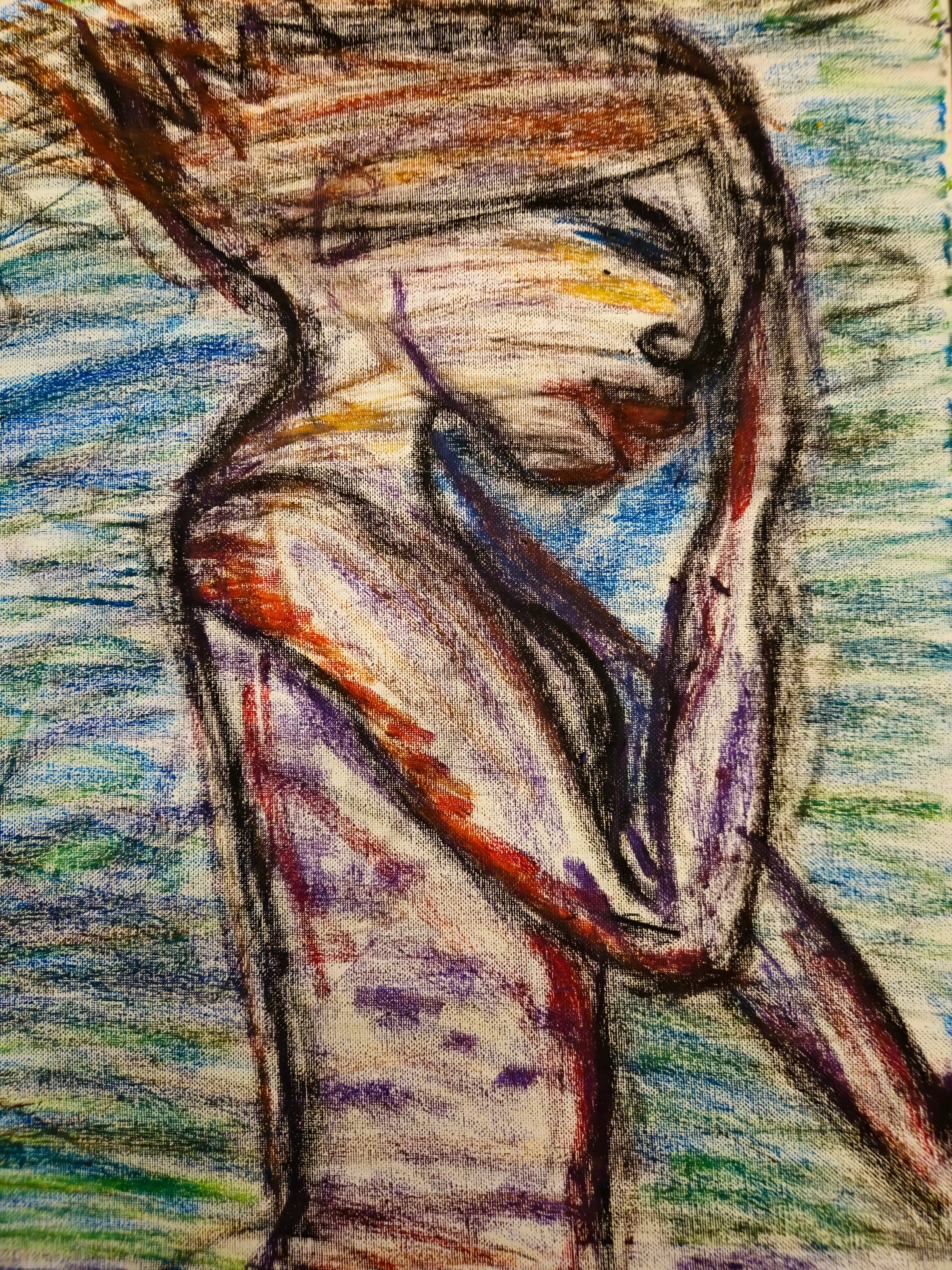 Painted folded figure in brown, purple and orange lines against a blue and green ground.