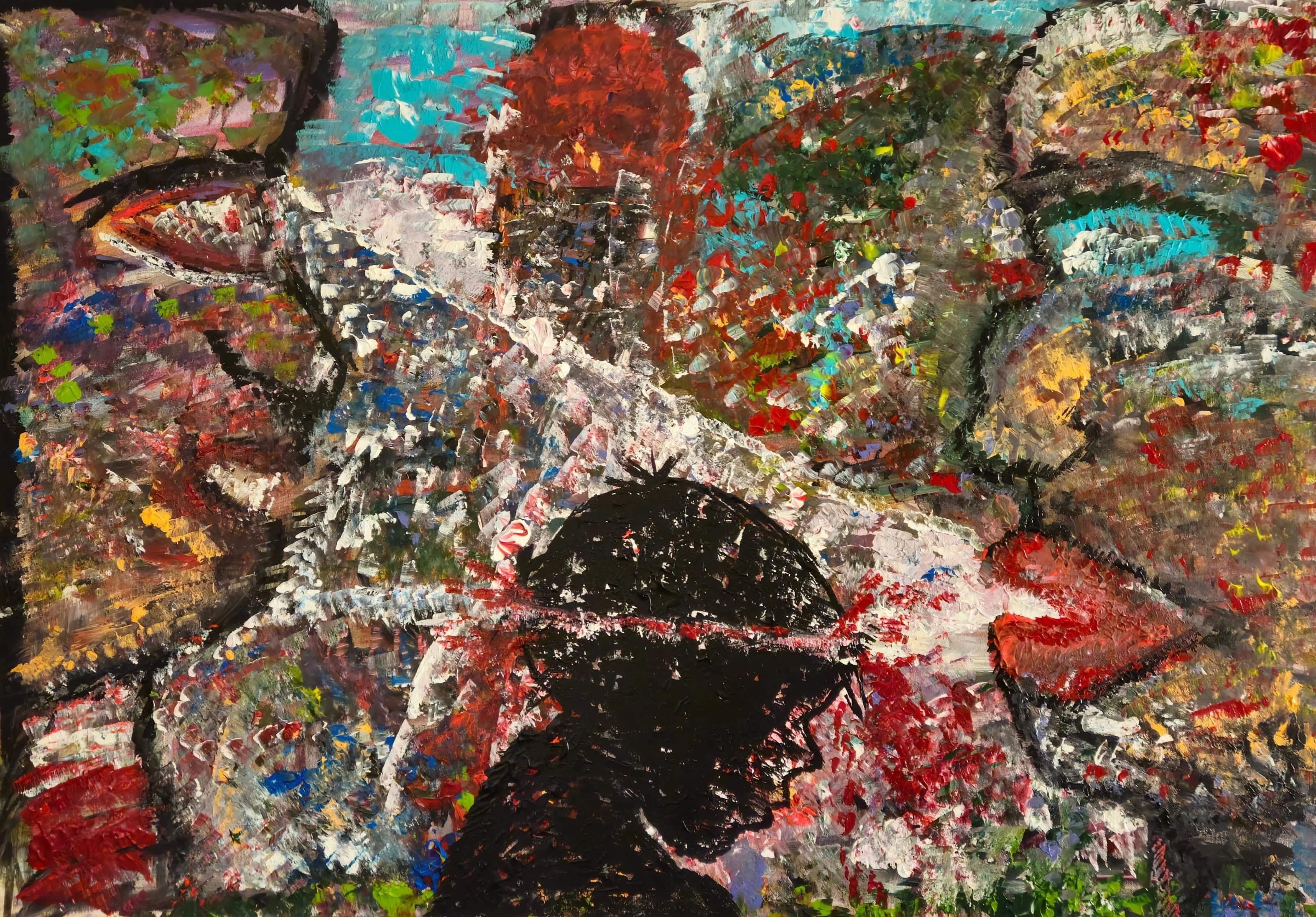 Dense painting with several fragmented faces surrounding a dark central profile, built from overlapping red, blue, green, white and black painted marks.