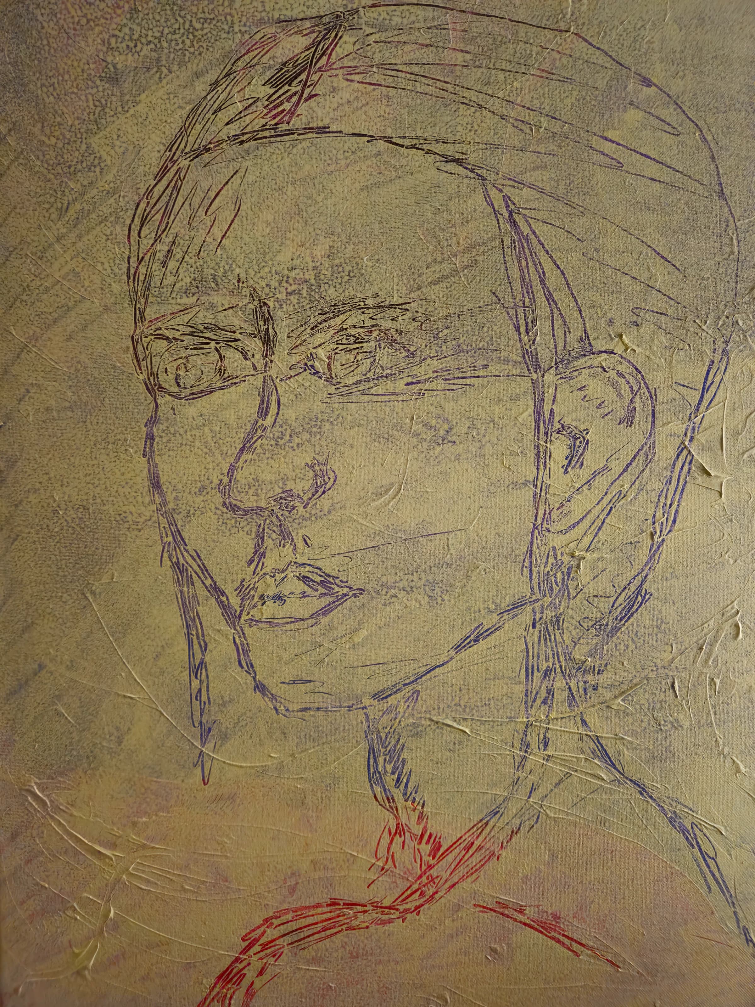 Line-drawn portrait emerging from a pale textured acrylic surface, with thin violet and red incised marks defining the face, hair and neck.