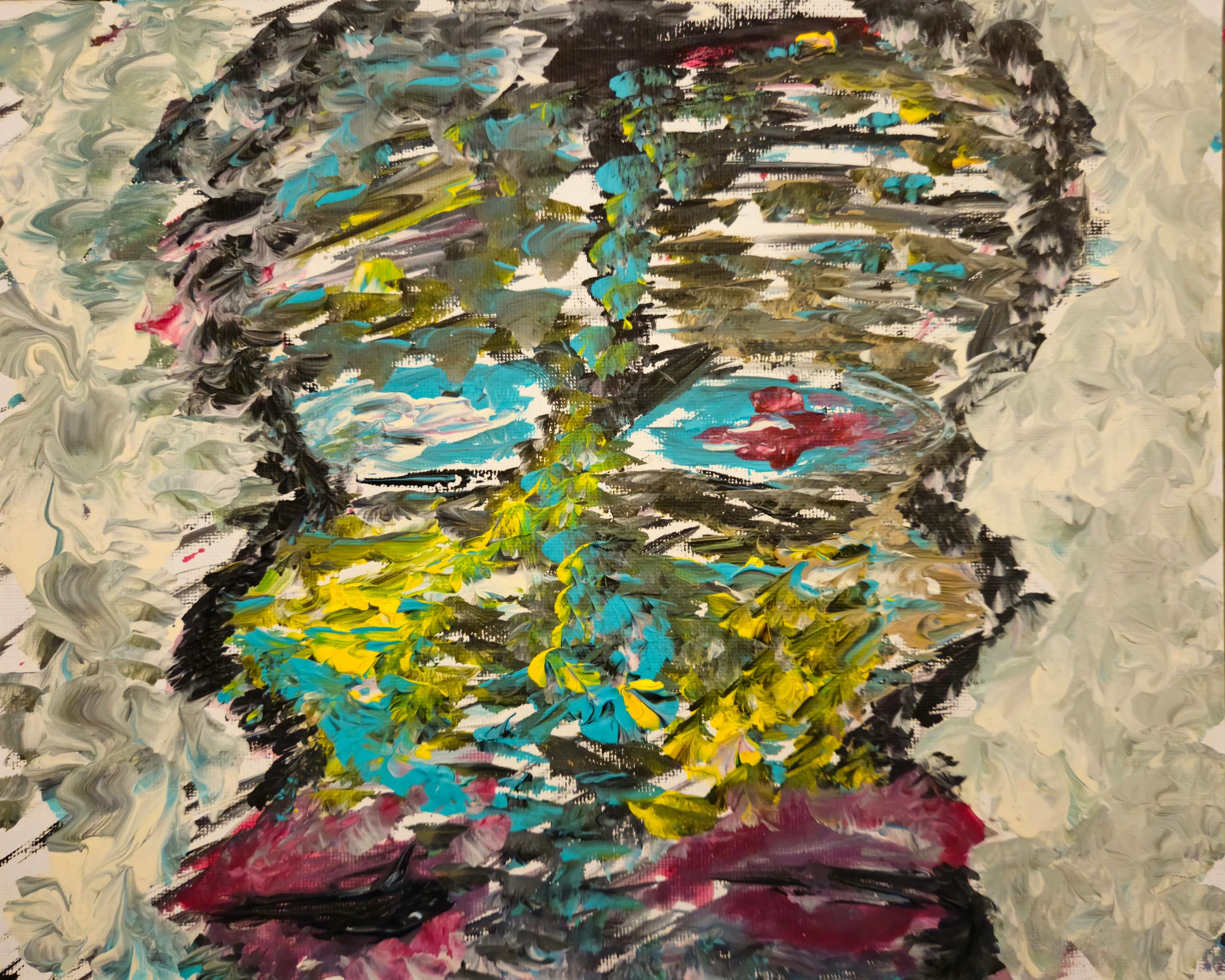 Frontal painted face constructed from fragmented black, turquoise, yellow, white and burgundy brushstrokes, with elongated eyes and partially interrupted facial contours.