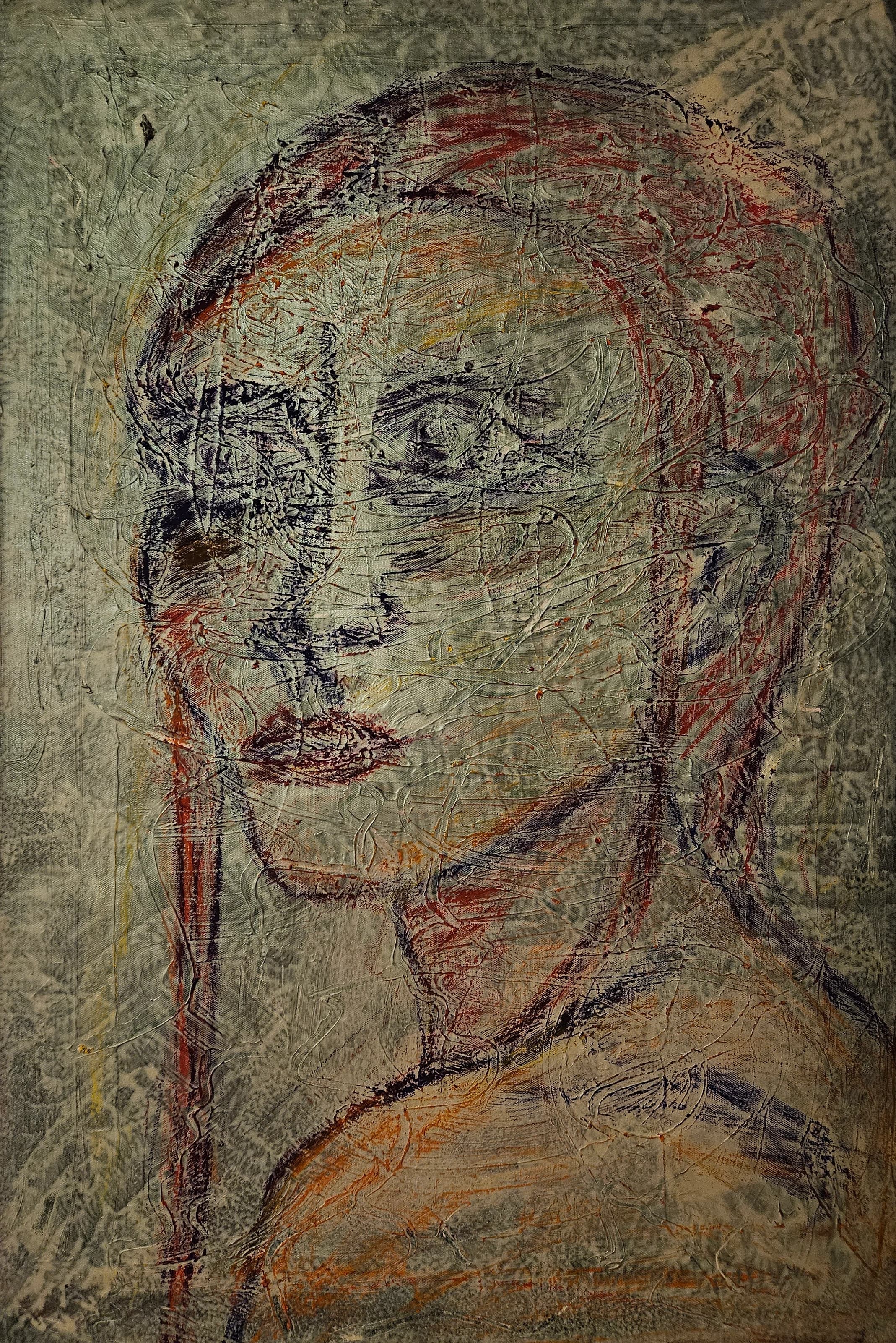 Head-and-shoulders portrait rendered as scratched and layered linear traces in muted grey, violet and orange on a pale textured ground.