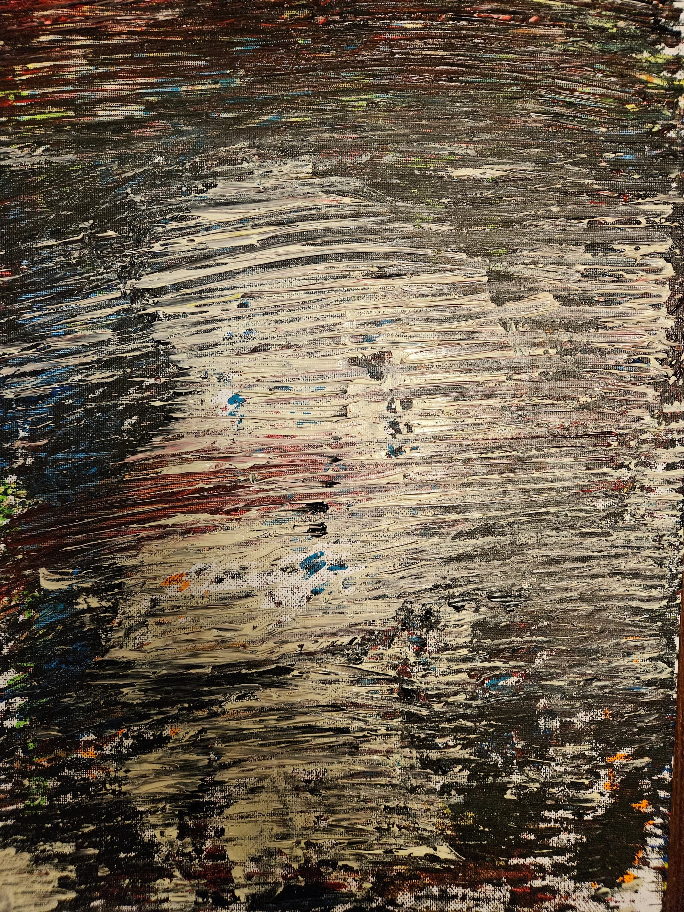 Heavily layered abstract painting dominated by black, grey and pale cream horizontal marks, with subtle traces suggesting a fragmented frontal face.