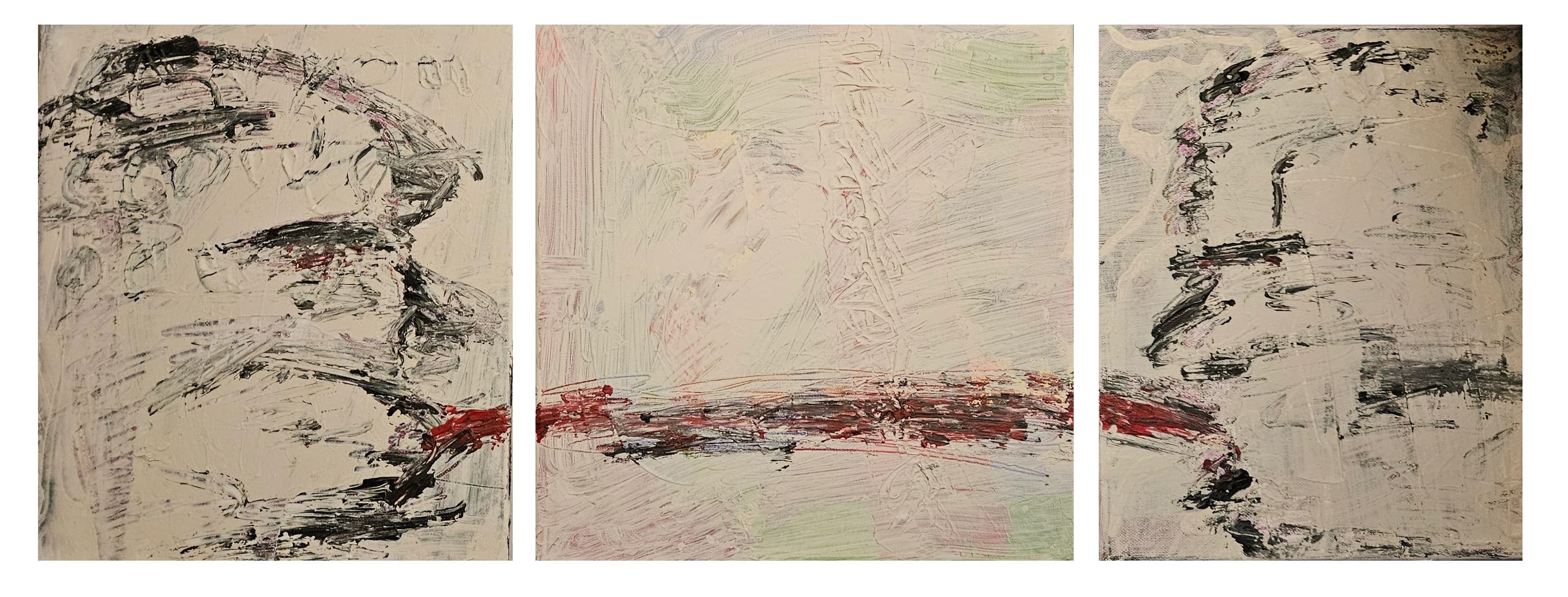 Triptych with two fragmented painted faces on the outer panels and an abstract central panel, connected by horizontal red, black and pale painted marks.