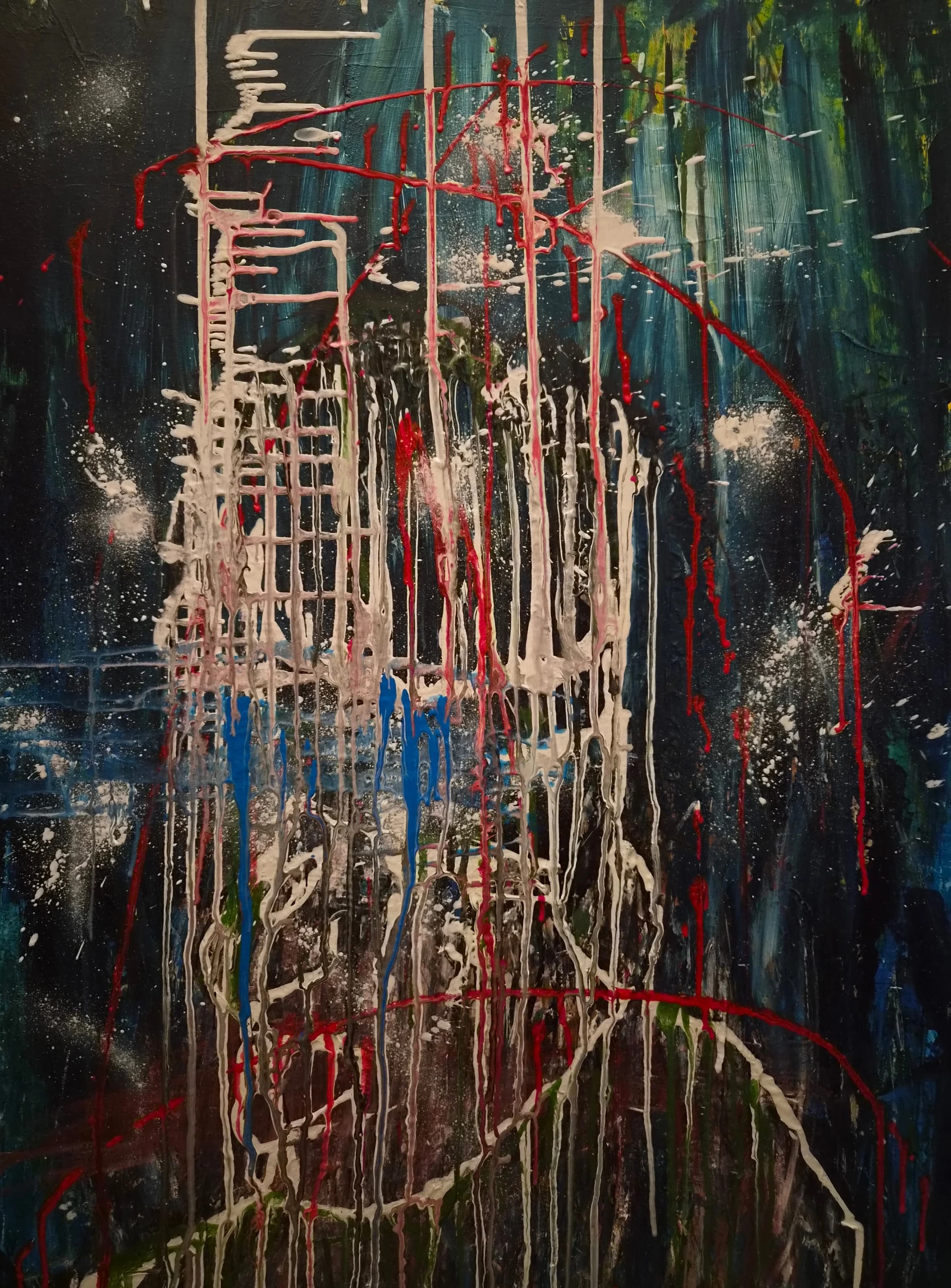 Fragmented painted head covered by dense vertical drips and linear traces in pale pink, black, red and blue against a dark blue-green background.
